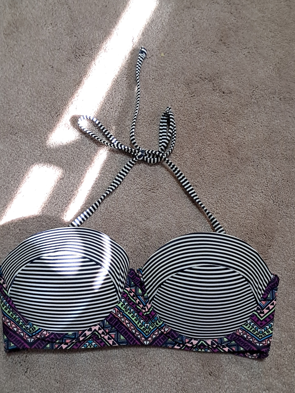 Striped Black & White Bandeau Bikini Top with Colorful Tribal Trim